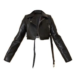 PrettyLittleThing black faux leather super cropped belted biker jacket